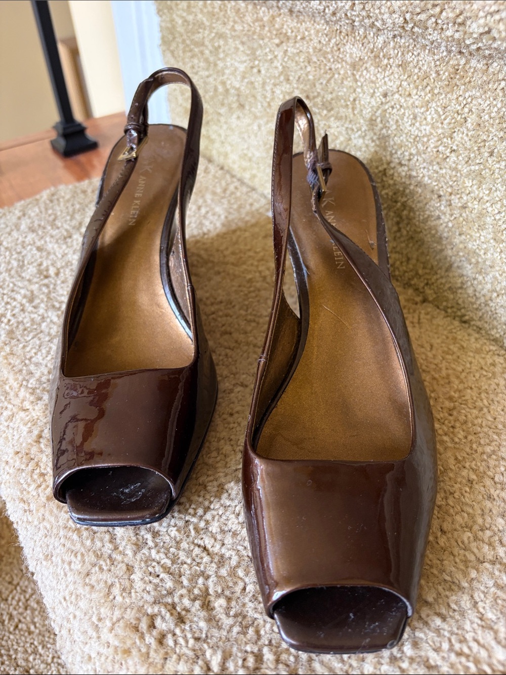 Anne Klein Brown Patent Peep Toe Slingback Mules